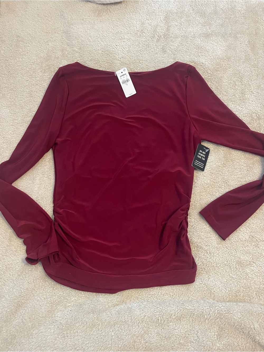 NWT express Women's Long Sleeve Ruched Side Top - Burgundy
